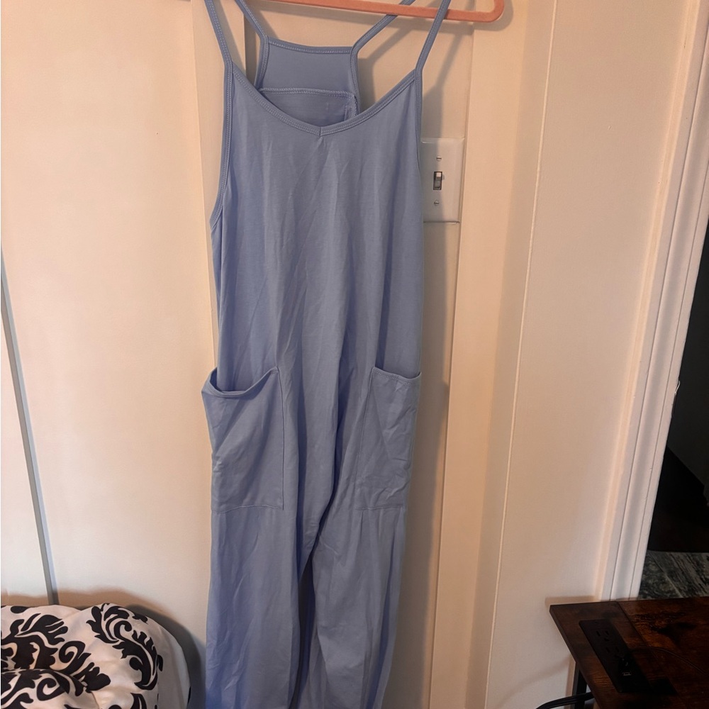 Light Blue Wide-Leg Strappy Jumpsuit with Pockets